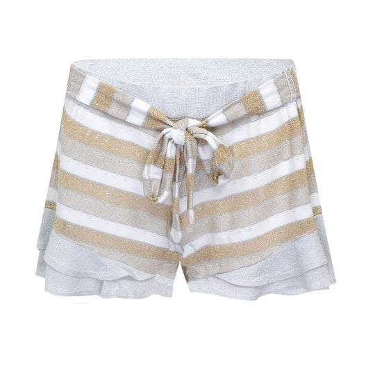 Load image into Gallery viewer, Drop Stitch Knit Frill Shorts: Triple Tone with Front Ties
