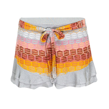 Striped Frill Shorts In Honeycomb Knit With Tie Belt Silver/Red - Shorts