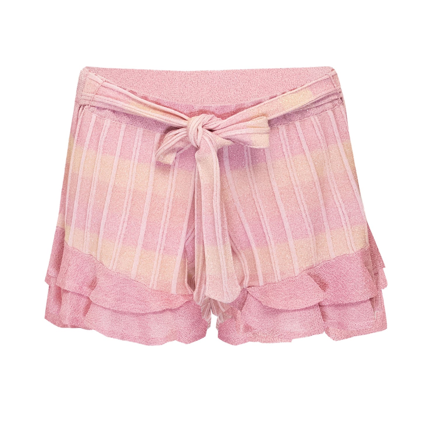 Load image into Gallery viewer, Striped Frill Shorts In Ribbed Knit With Tie Belt Pink - Shorts
