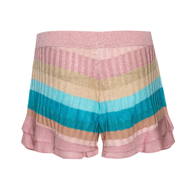 Striped Frill Shorts With Front Ties In Tuck Stitch Knit Pink/Beige - Shorts