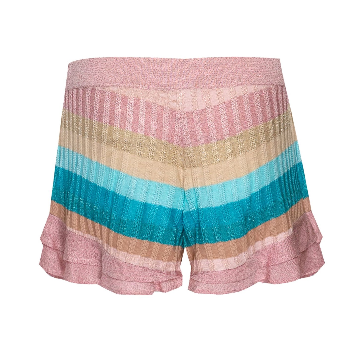 Load image into Gallery viewer, Striped Frill Shorts With Front Ties In Tuck Stitch Knit Pink/Beige - Shorts
