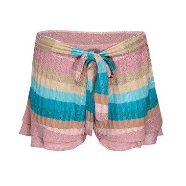 Striped Frill Shorts With Front Ties In Tuck Stitch Knit Pink/Beige - Shorts