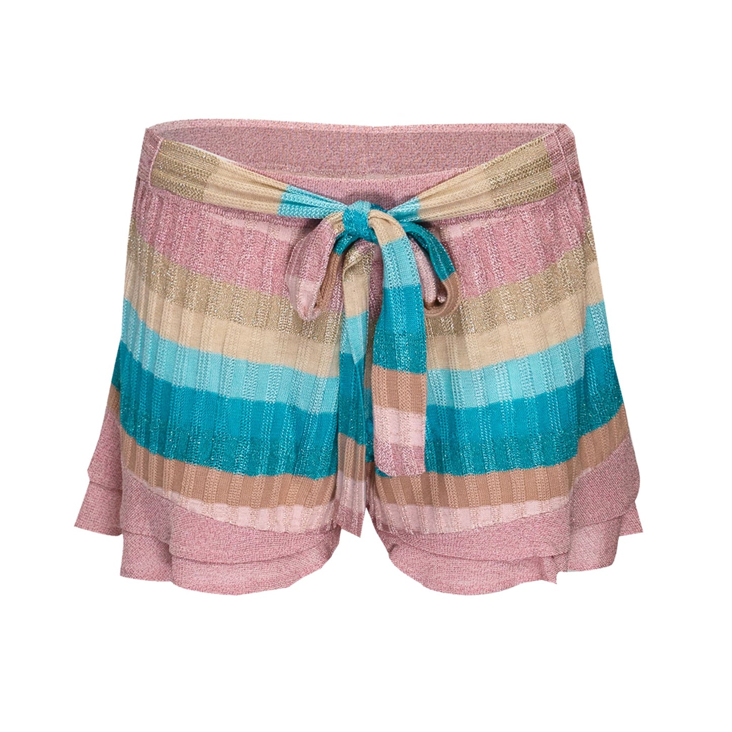 Load image into Gallery viewer, Striped Frill Shorts With Front Ties In Tuck Stitch Knit Pink/Beige - Shorts
