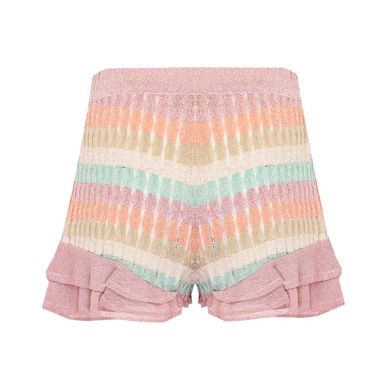 Striped Frill Shorts: Racking Knit in Quadruple Shades
