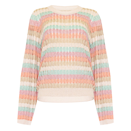 Long Sleeve Top In Striped Racking Knit Beige/Gold/Peach/Pink/Mint