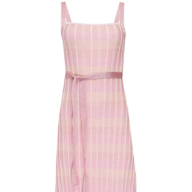 Multicolour Midi Dress with Front Ties In Ribbed Knit Pink - Dress