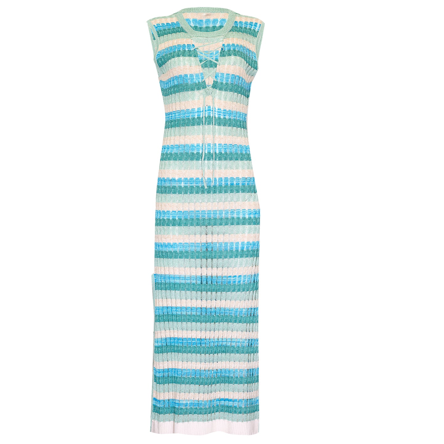 Racking Knit Maxi Dress with Criss Cross Front Neckline Beige/Green/Mint/Blue