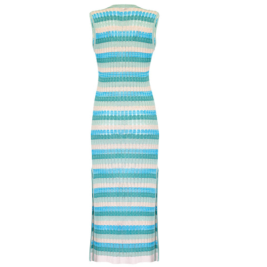 Racking Knit Maxi Dress with Criss Cross Front Neckline Beige/Green/Mint/Blue
