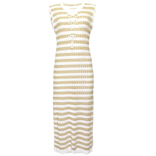 Racking Knit Maxi Dress with Criss Cross Front Neckline White/Gold