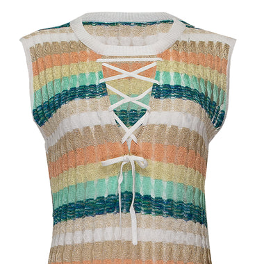 Racking Knit Maxi Dress with Criss Cross Front Neckline White/Green - Dress