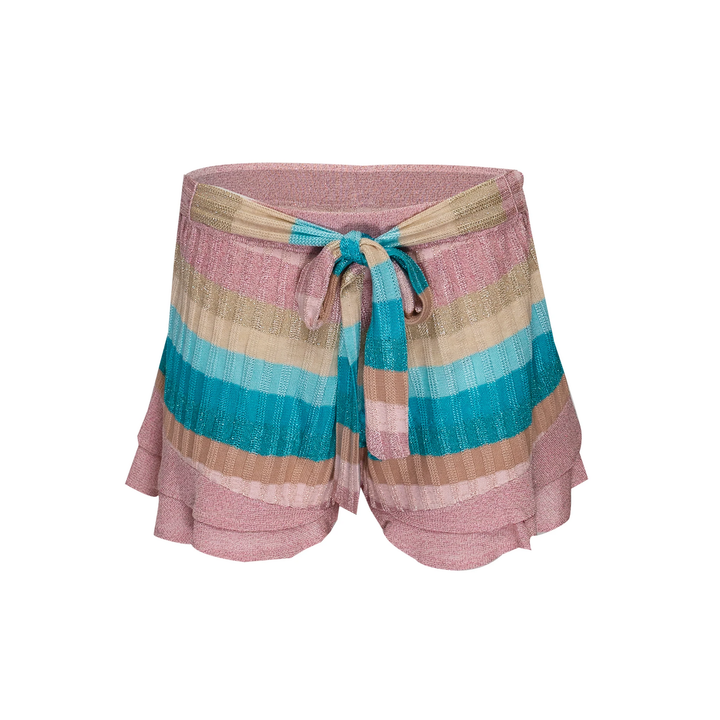 Striped Frill Shorts In Drop Stitch Knit With Ties Orange