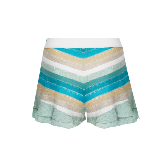 Striped Frill Shorts In Drop Stitch Knit With Front Ties White/MInt