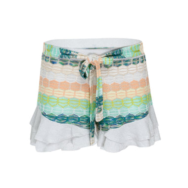 Striped Frill Shorts In Honeycomb Knit With Tie Belt White/Green - Shorts