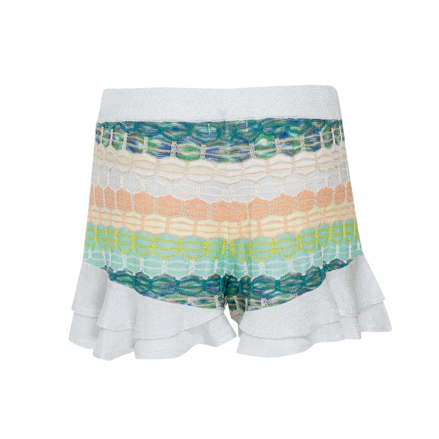 Load image into Gallery viewer, Striped Frill Shorts In Honeycomb Knit With Tie Belt White/Green - Shorts
