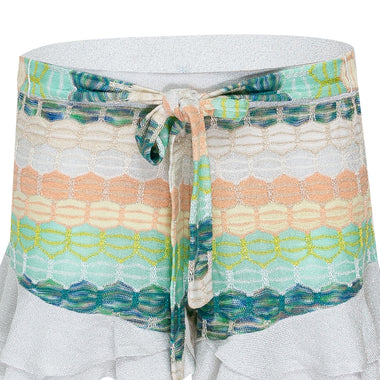 Striped Frill Shorts In Honeycomb Knit With Tie Belt White/Green - Shorts