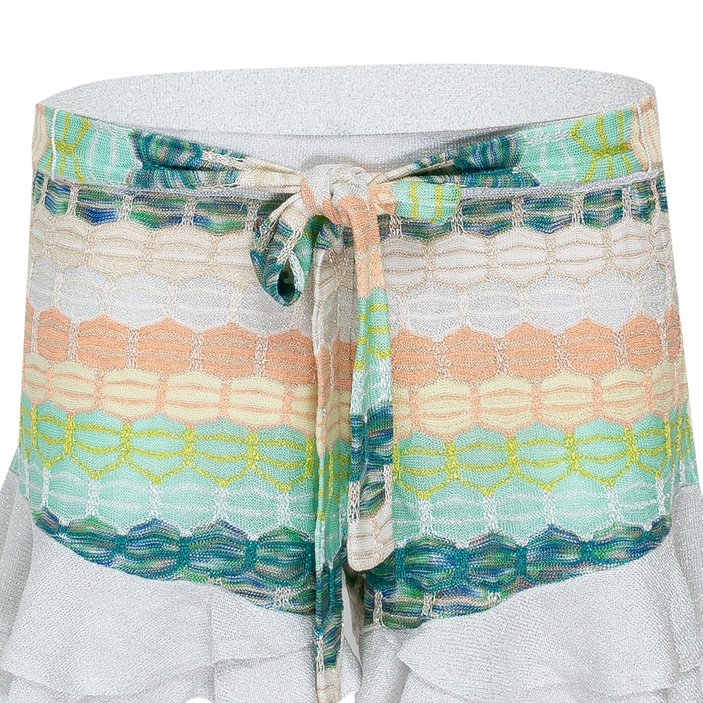 Load image into Gallery viewer, Striped Frill Shorts In Honeycomb Knit With Tie Belt White/Green - Shorts
