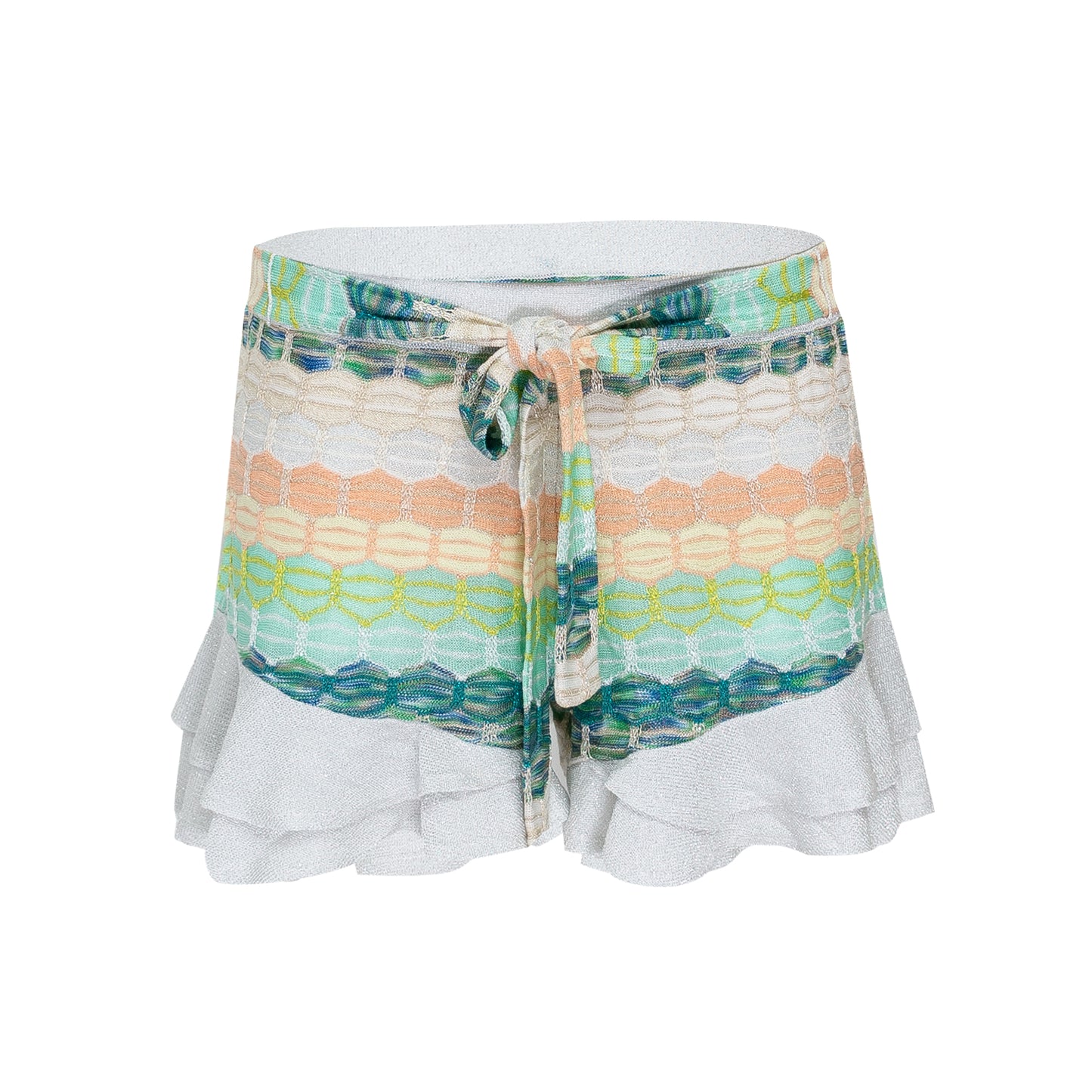 Load image into Gallery viewer, Striped Frill Shorts In Honeycomb Knit With Tie Belt White/Green - Shorts
