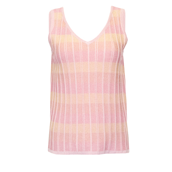 Striped V Neck Top In Ribbed Knit Pink