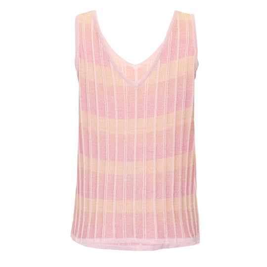 Striped V Neck Top In Ribbed Knit Pink