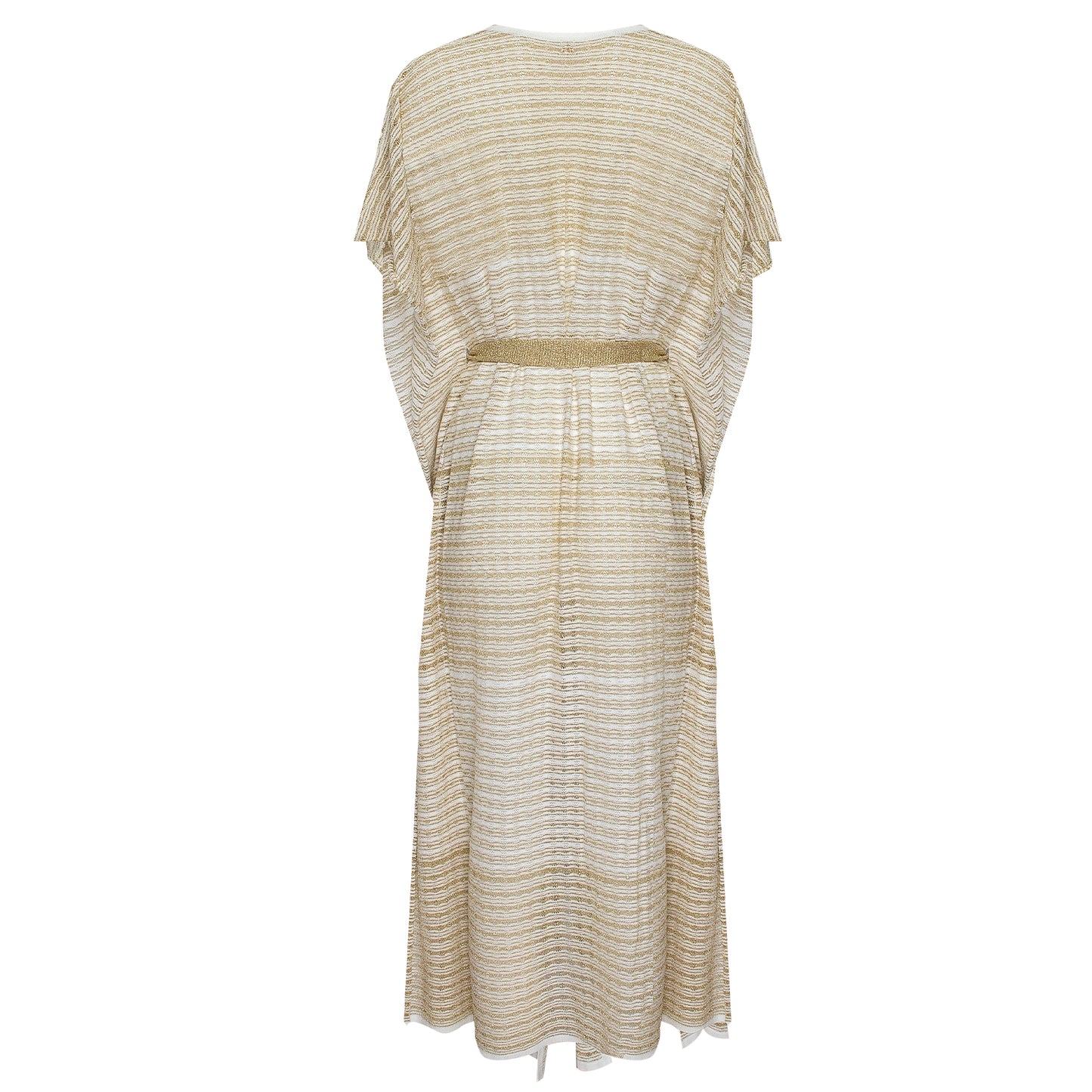 Load image into Gallery viewer, Two Tone Drop Stitch Knit Maxi Open Kaftan with Belt White/Gold
