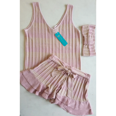 Striped Frill Shorts In Ribbed Knit With Tie Belt Pink - Shorts