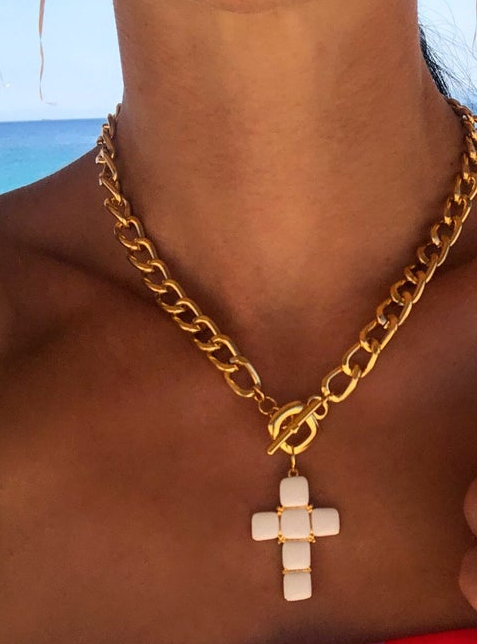 Load image into Gallery viewer, White Cross Necklace With Gold Chain - Necklace
