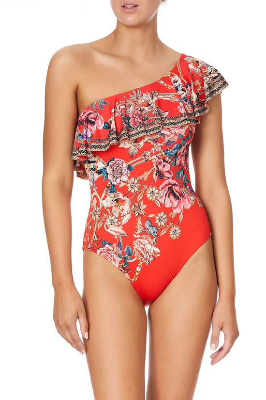 Load image into Gallery viewer, Red One Shoulder Swimsuit in Floral Printt
