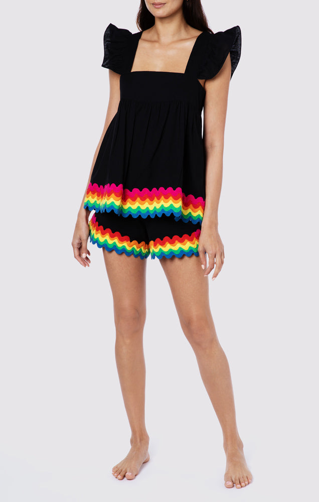 Load image into Gallery viewer, Baby Doll Top with Rainbow Ric Rac Trim - Lined Black/Rainbow Bright - Top
