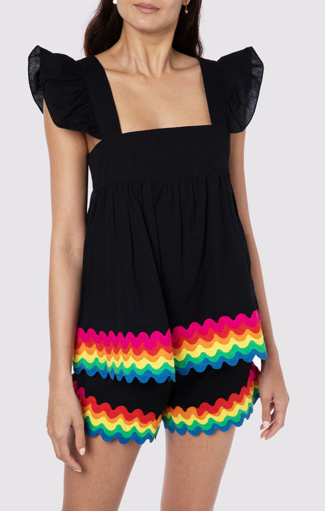 Load image into Gallery viewer, Baby Doll Top with Rainbow Ric Rac Trim - Lined Black/Rainbow Bright - Top
