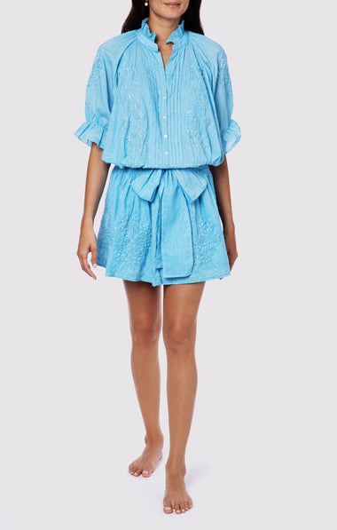 Blouson Dress With Tonal Lotus Embroidery Blue Acid Wash - Dress