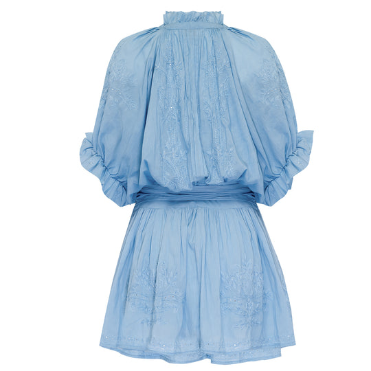 Load image into Gallery viewer, Blouson Dress With Tonal Lotus Embroidery Blue Acid Wash
