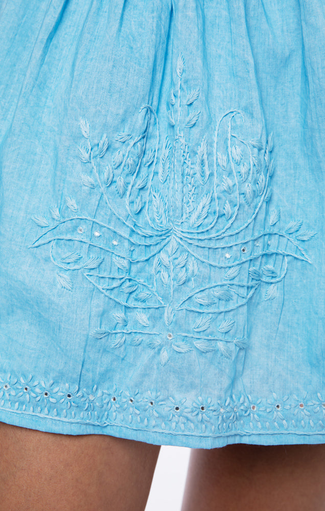 Load image into Gallery viewer, Blouson Dress With Tonal Lotus Embroidery Blue Acid Wash - Dress
