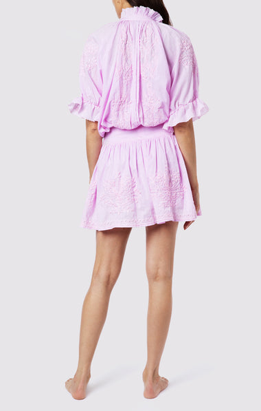 Blouson Dress With Tonal Lotus Embroidery Sugar Almond Acid Wash - Dress