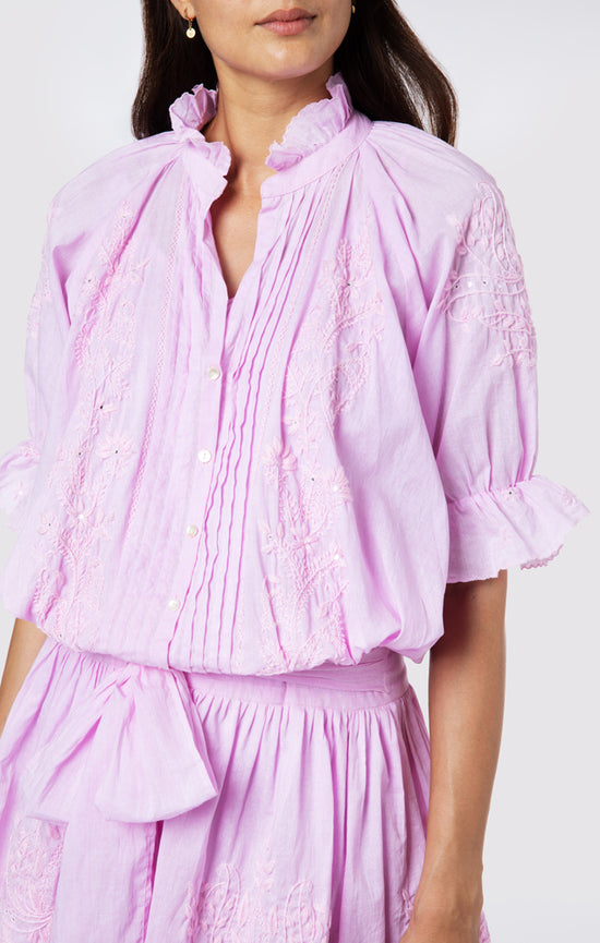 Blouson Dress With Tonal Lotus Embroidery Sugar Almond Acid Wash