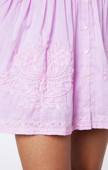 Blouson Dress With Tonal Lotus Embroidery Sugar Almond Acid Wash - Dress