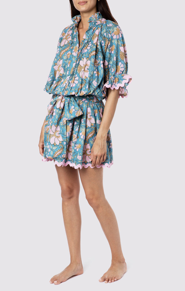 Floral Block Print Blouson Dress with Ric Rac Black Mullti