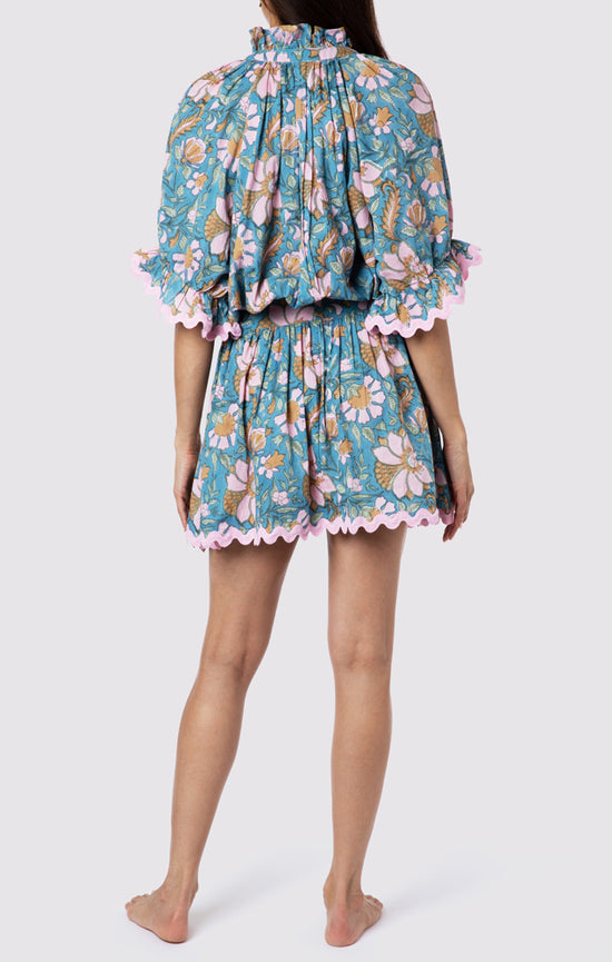 Floral Block Print Blouson Dress with Ric Rac Black Mullti