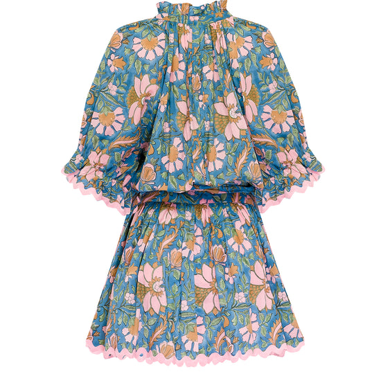 Floral Block Print Blouson Dress with Ric Rac Blue Mullti