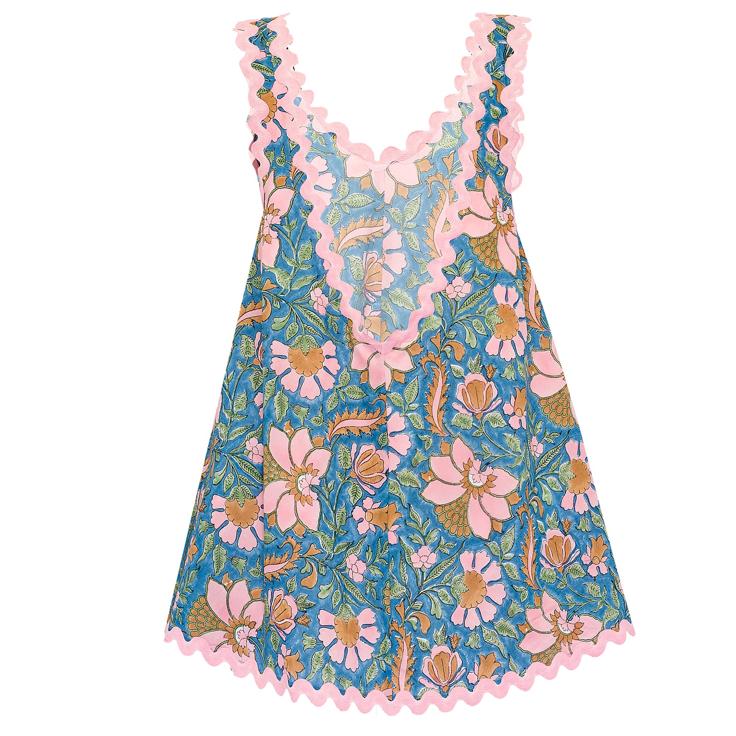 Load image into Gallery viewer, Floral Block Print Low Back Dress with Ric Rac Blue Multi - O/S - Dress
