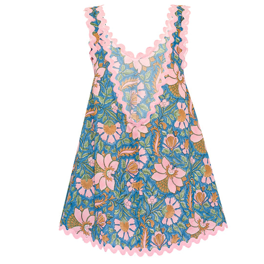Floral Block Print Low Back Dress with Ric Rac Blue Multi - O/S - Dress