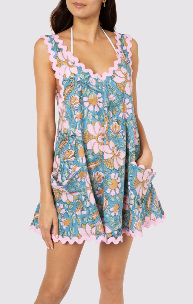Load image into Gallery viewer, Floral Block Print Low Back Dress with Ric Rac Blue Multi - O/S - Dress
