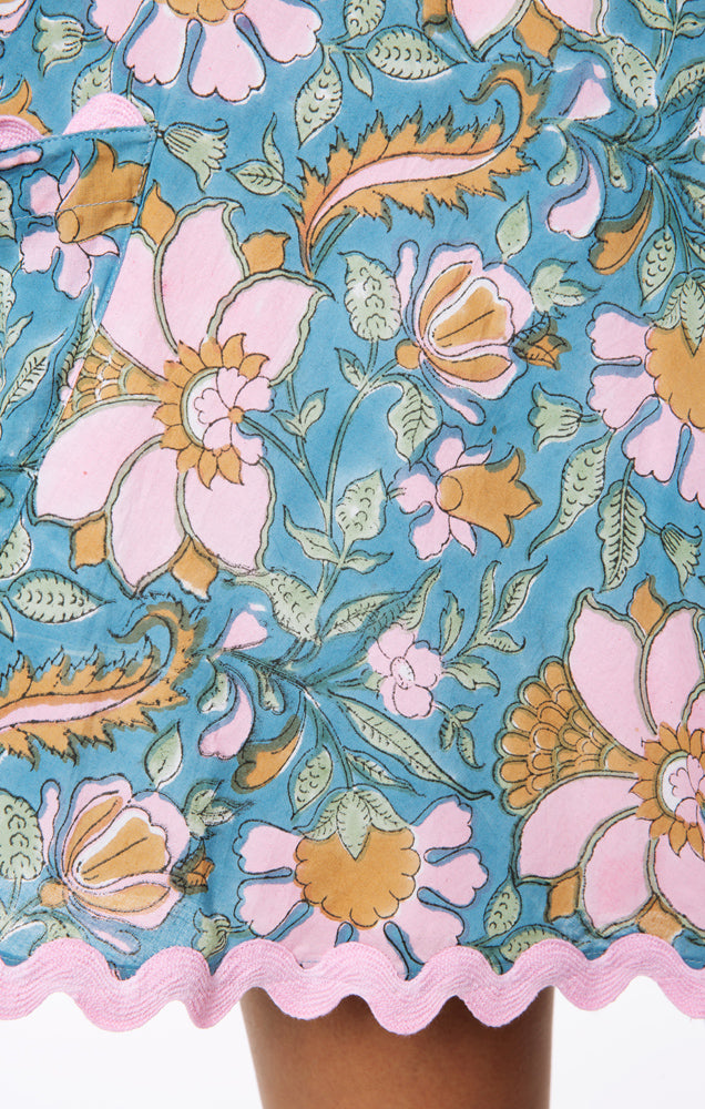 Load image into Gallery viewer, Floral Block Print Low Back Dress with Ric Rac Blue Multi - O/S - Dress
