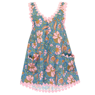 Floral Block Print Low Back Dress with Ric Rac Blue Multi - O/S - Dress