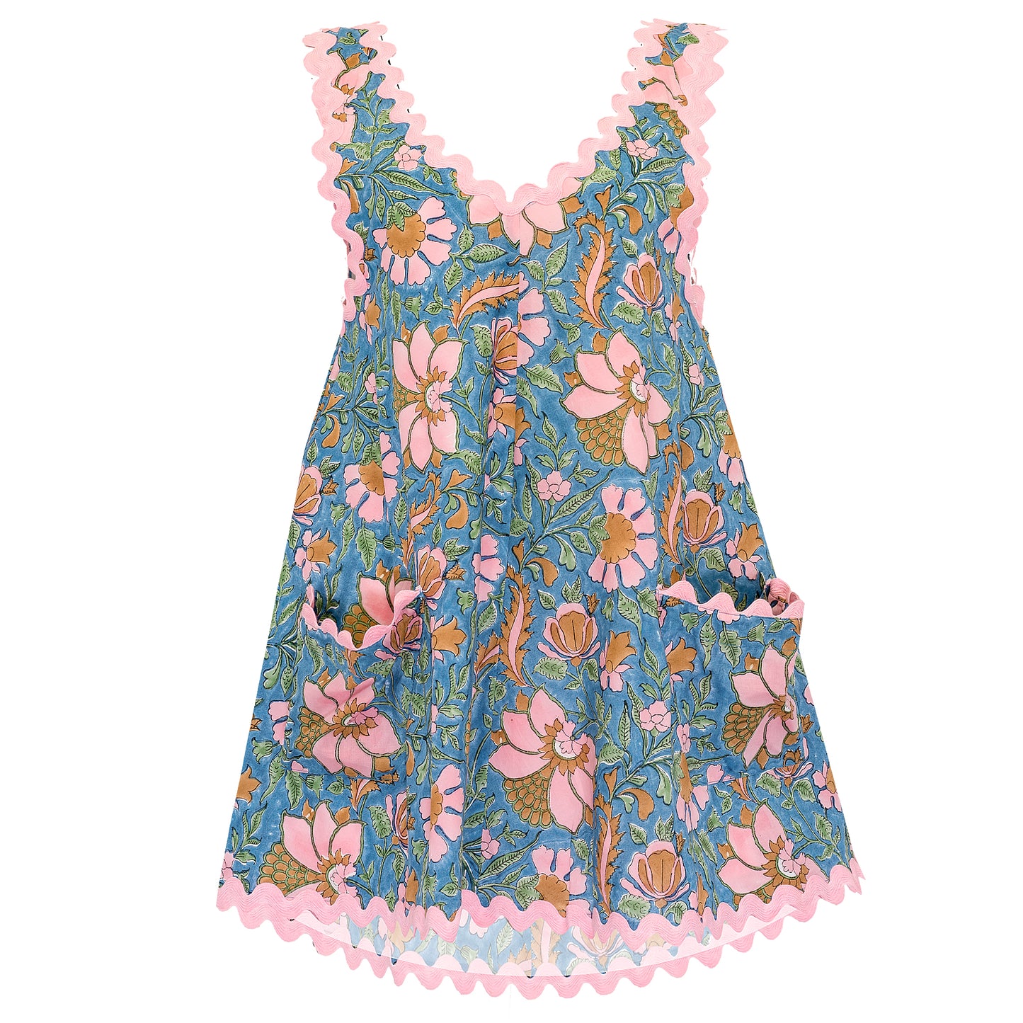 Load image into Gallery viewer, Floral Block Print Low Back Dress with Ric Rac Blue Multi - O/S - Dress
