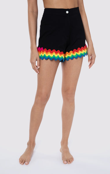 Rainbow High Waisted Shorts: Black with Vibrant Trim - Shorts