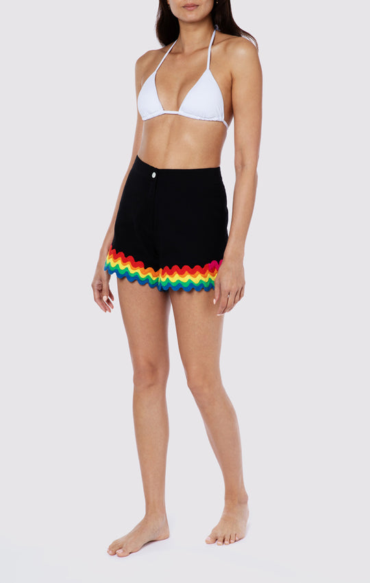 Rainbow High Waisted Shorts: Black with Vibrant Trim