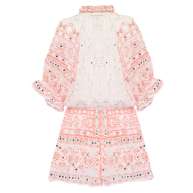 Mosaic Print Blouson Dress with Mirror Embro - Slip White Coral Gold - Dress