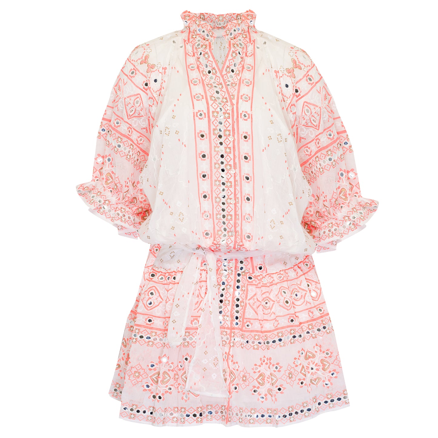 Load image into Gallery viewer, Mosaic Print Blouson Dress with Mirror Embro - Slip White Coral Gold - Dress
