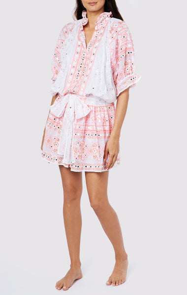 Mosaic Print Blouson Dress with Mirror Embro - Slip White Coral Gold - Dress