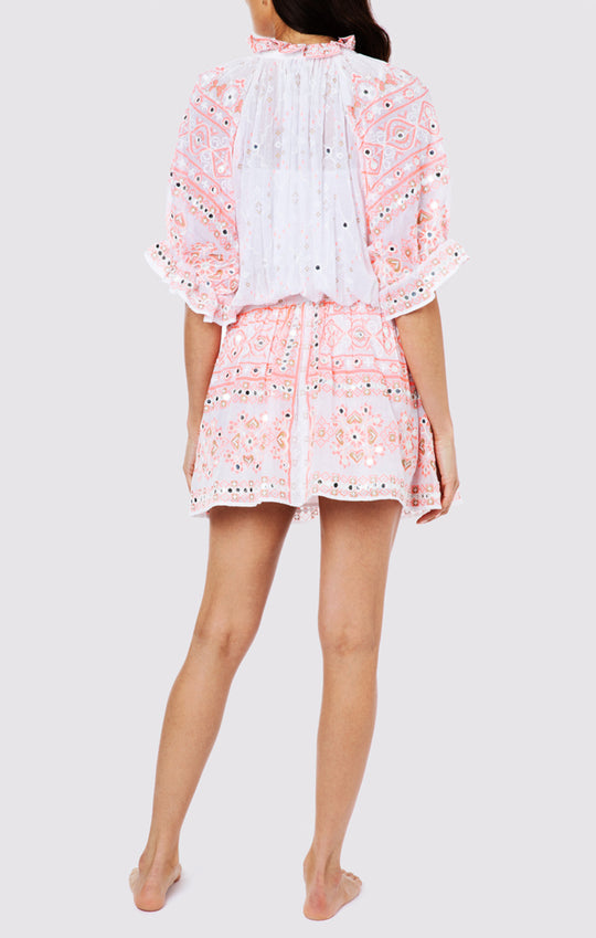 Mosaic Print Blouson Dress with Mirror Embro - Slip White Coral Gold - Dress